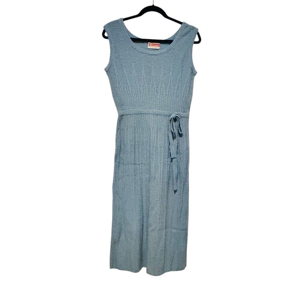 Spinnerin Light Blue Ribbed Knit Sleeveless Midi Dress w/ Belt 1960s Virgin Wool - Picture 2 of 8